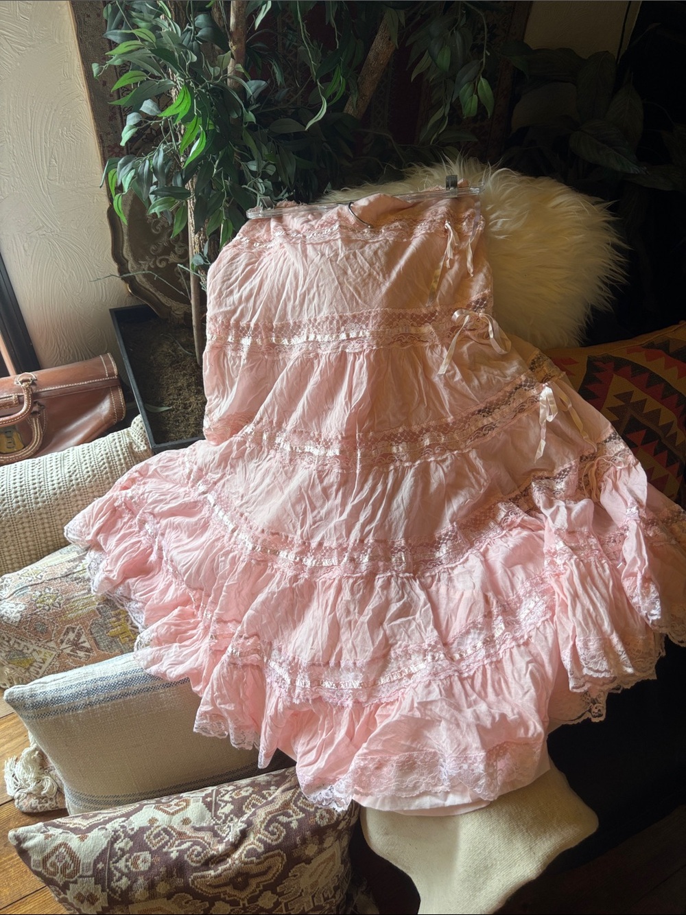 French Pink ruffled cotton shabby chic romantic prairie boho Maxi Skirt 33 LSF - Picture 4 of 7